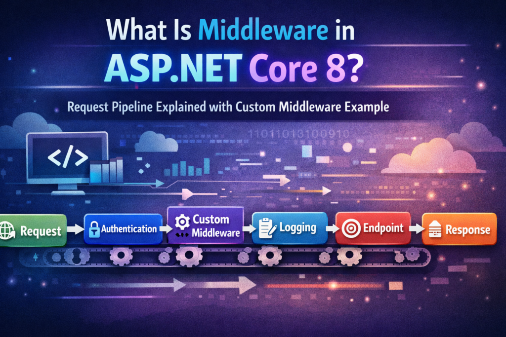 ASP.NET Core 8 middleware request pipeline diagram with authentication, custom middleware, logging, and endpoint flow