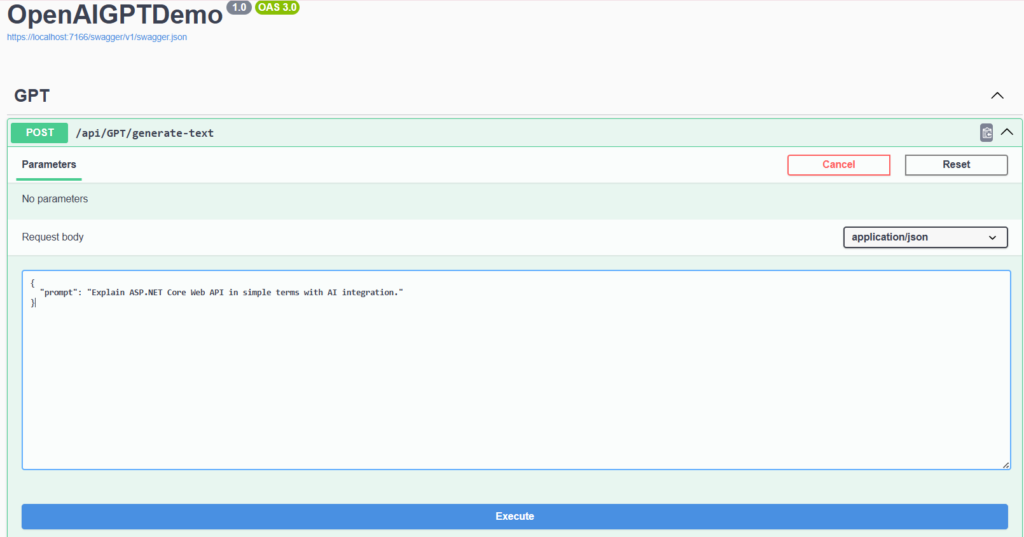 Swagger UI displaying a POST API endpoint /api/GPT/generate-text with a JSON input box containing a prompt about explaining ASP.NET Core Web API with AI integration.