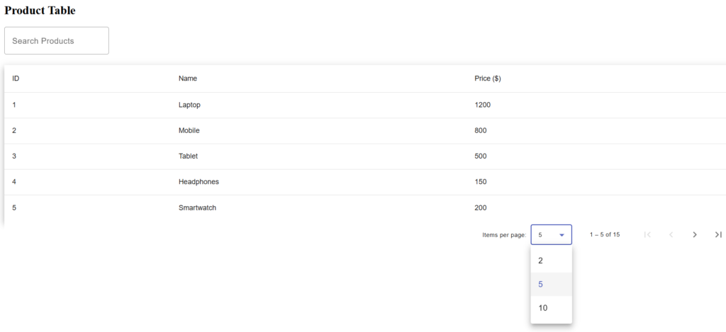 Colorful Angular Material table displaying products with sortable columns, search box, and pagination controls