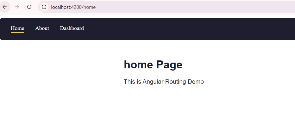 Angular Routing app showing navigation links and default Home page