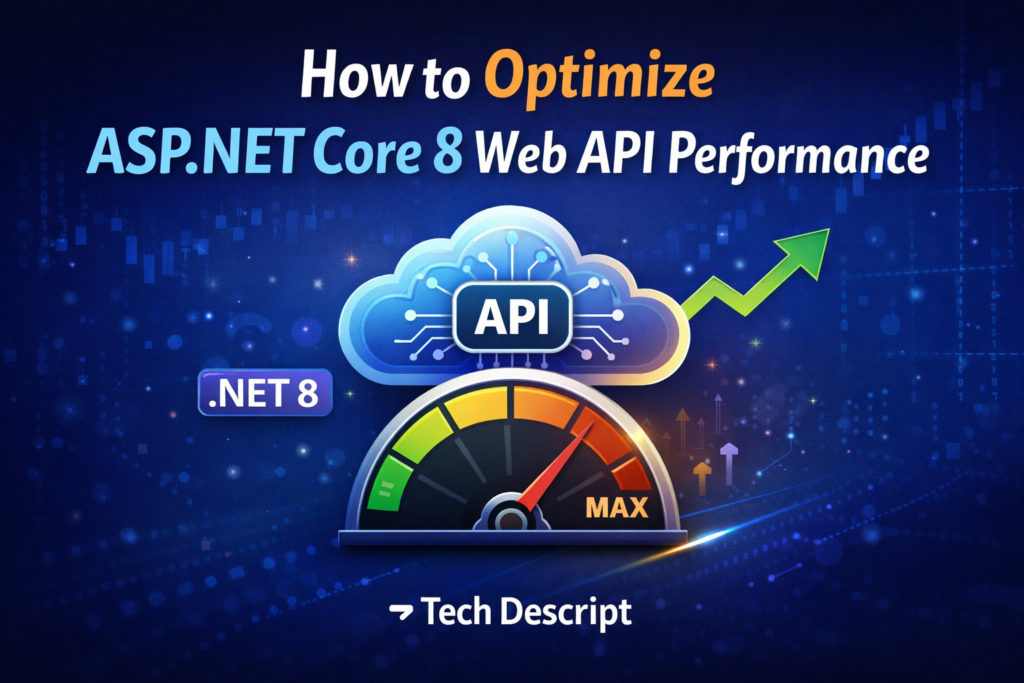 ASP.NET Core 8 Web API performance optimization illustration with API cloud and speedometer showing maximum performance