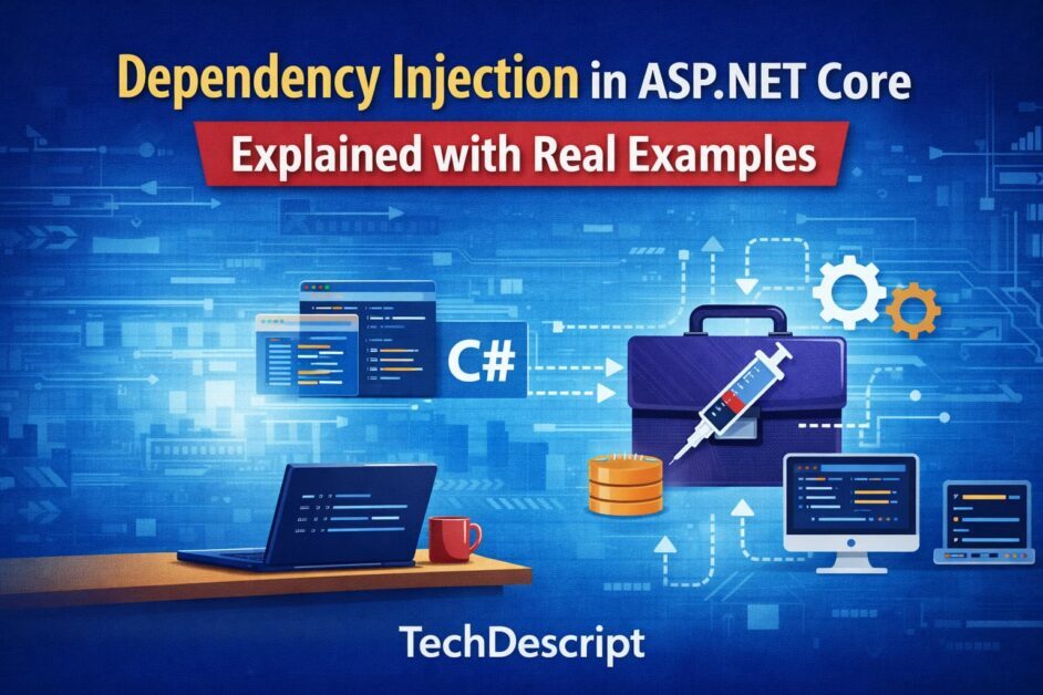 Dependency Injection in ASP.NET Core explained with real examples using services and C# illustration