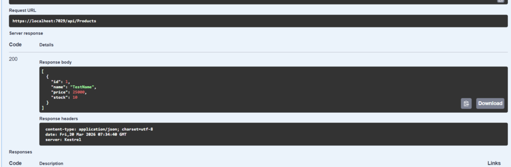 Swagger UI screenshot of Repository Pattern with expanded GET endpoints for Products API, showing example requests and responses.