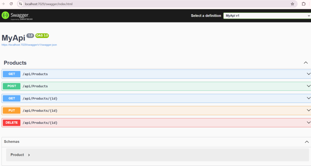 Screenshot of Repository pattern Swagger UI listing GET, POST, PUT, DELETE endpoints for Products API in ASP.NET Core Web API.
