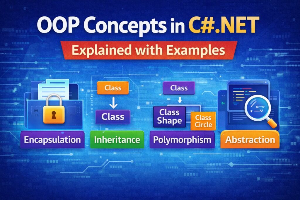 OOP concepts in C# .NET explained with examples including encapsulation inheritance polymorphism and abstraction